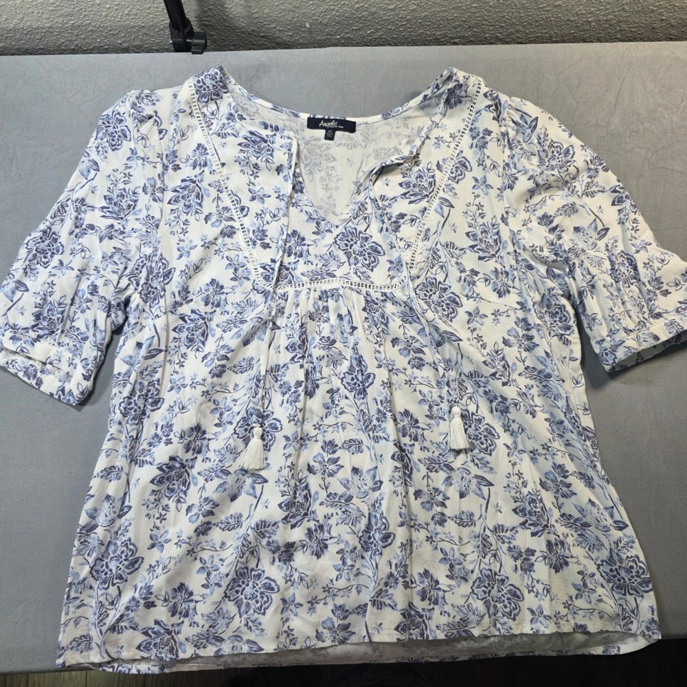 Angels Forever Young Blue White Floral Boho Peasant Blouse Tassel Tie Medium